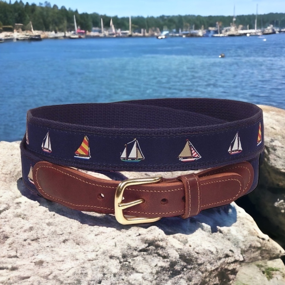 PRESTON Leather Nautical Sailboats Belt Navy Blue with Brass Buckle - 32